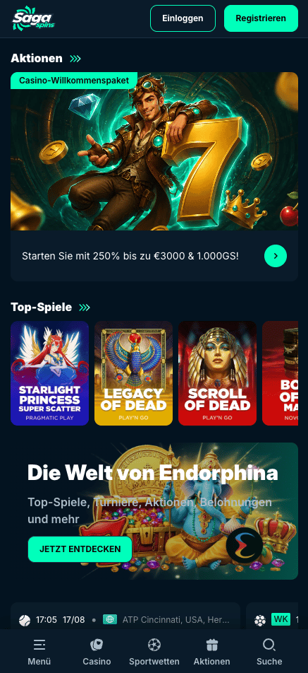 Screenshot vom Saga Spins mit dem Willkommensbonus Angebot.