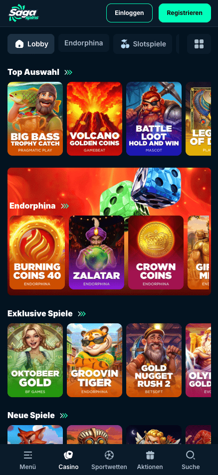 Saga Spins Casino Screenshot mit der Slotsauswahl.