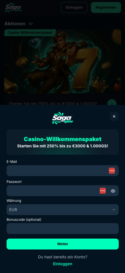 Saga Spins Casino Screenshot mit der Anmeldeseite zum Eingeben der Daten.