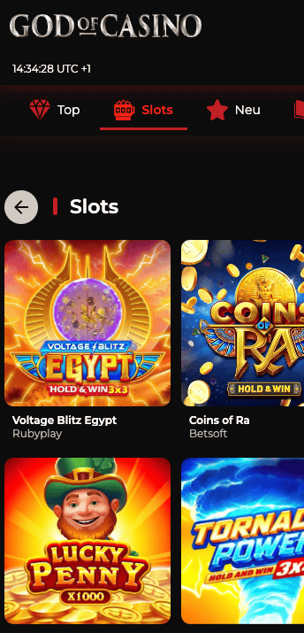 Slots im God of Casino zeigt Slots wie Coins of Ra neben anderen Spielkategorien