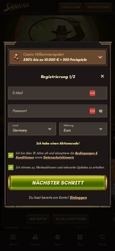 Sankra Casino Screenshot mit der Seite zum Registrieren.