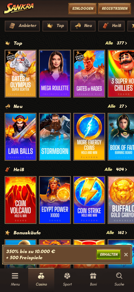 Sankra Casino Screenshot, welcher die Spieleseite anzeigt.