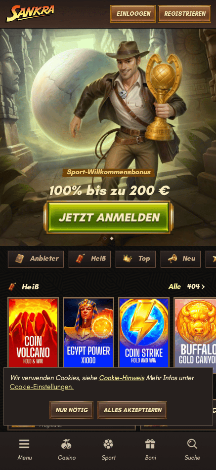 Sankra Casino Screenshot mit der Startseite, auf welcher man den Sport Willkommensbonus sieht.