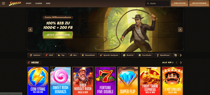 Sankra Casino Screenshot mit der Startseite, auf welcher man den Willkommensbonus sieht.