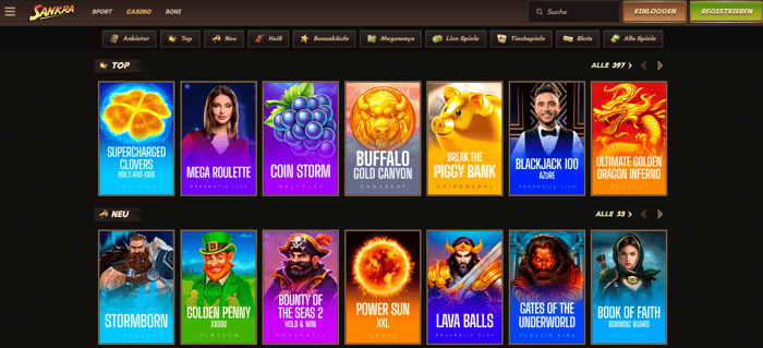 Sankra Casino Screenshot, welcher die Spieleseite anzeigt,