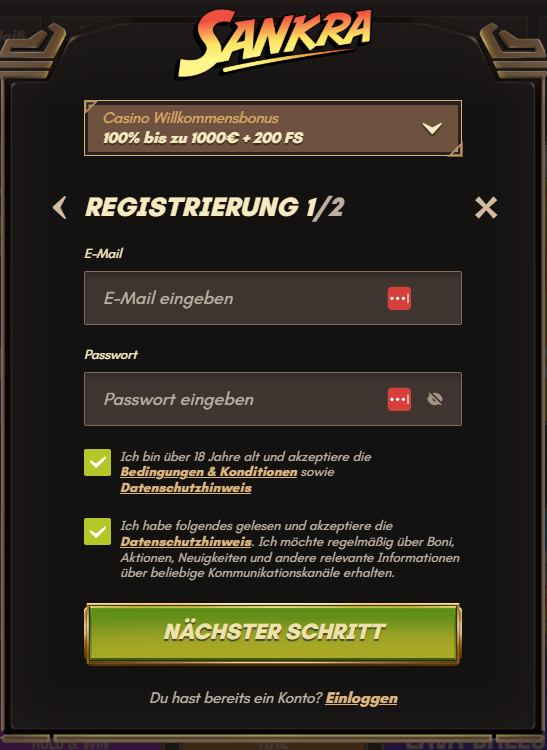Sankra Casino Screenshot mit der Seite zum Registrieren.