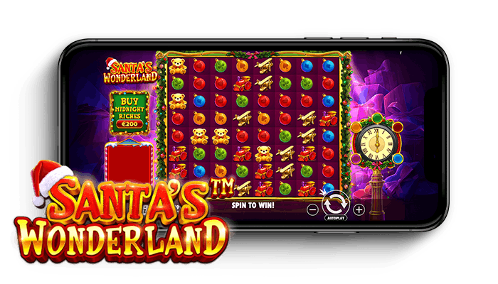 Ein Screenshot aus dem Spiel Santa's Wonderland, mit vielen weihnachtlichen Symbolen auf den Walzen