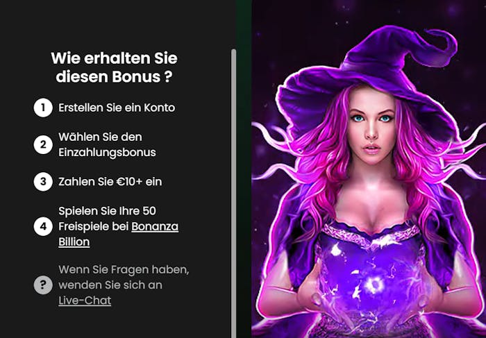 Screenshot vom Casino mit den Details eines Casino Bonus mit 10 € Einzahlung