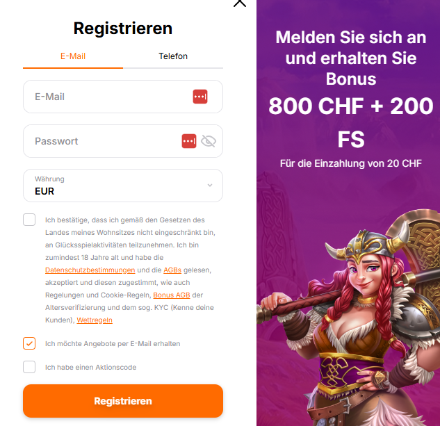 Screenshot von der Anmeldung im Hit n Spin Casino mit dem 15 Euro Bonus ohne Einzahlung.