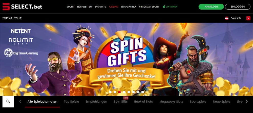 Selectbet Casino Startseite mit Spin Gifts Angebot, Anmeldebutton, Sprachauswahl, Kategorien und Suchleiste