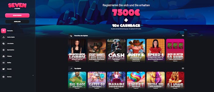 Seven Casino Startseite mit einer Beschreibung über den Willkommensbonus von bis zu 7.500 € + 10 % Cashback