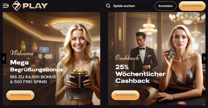 Sevenplay Casino Screenshot mit dem Willkommensangebot vorgestellt von einer blonden Frau.