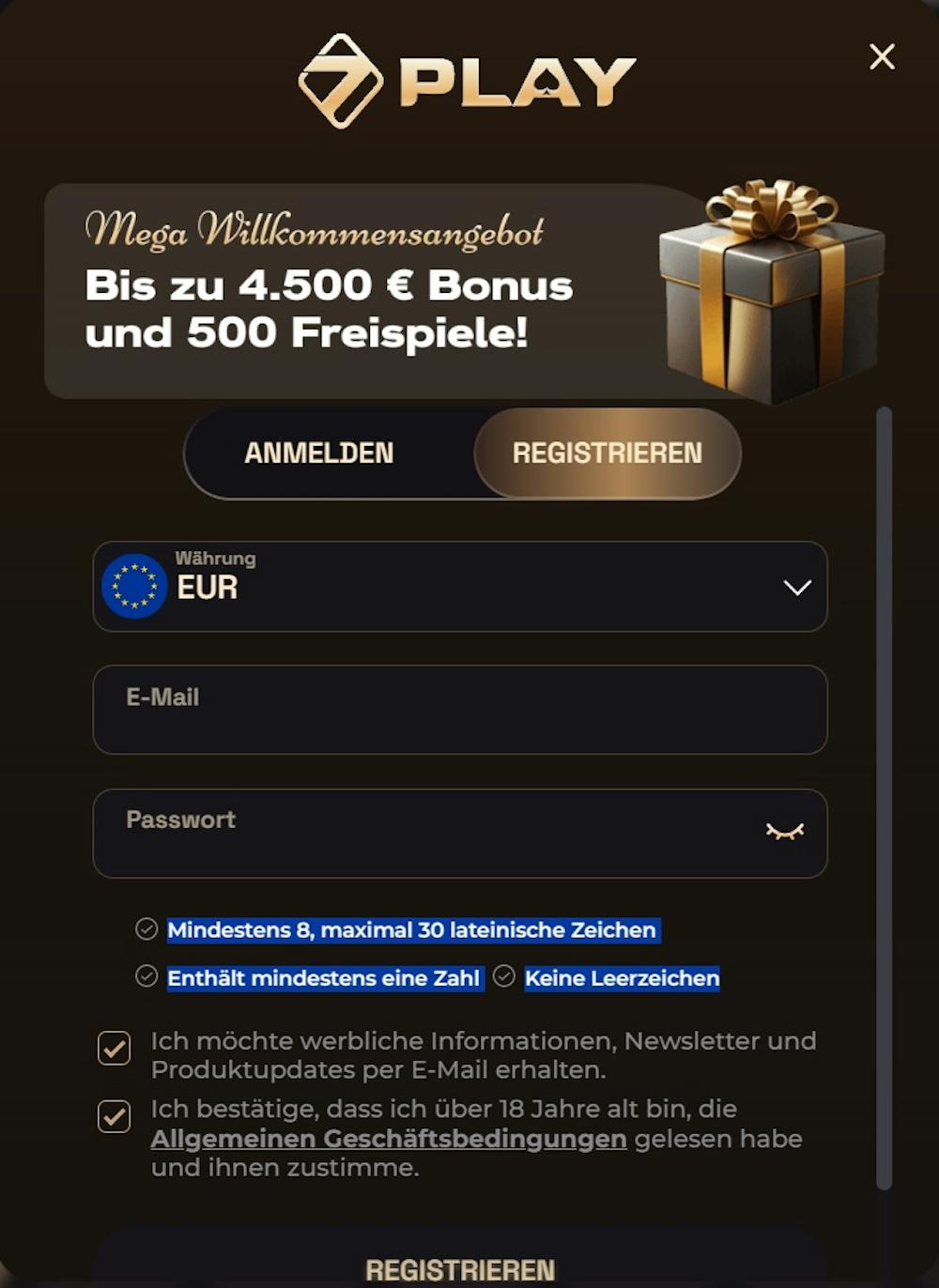 Sevenplay Casino Screenshot mit der Anmeldemaske, in welche die Daten zum Anmelden eingegeben werden.