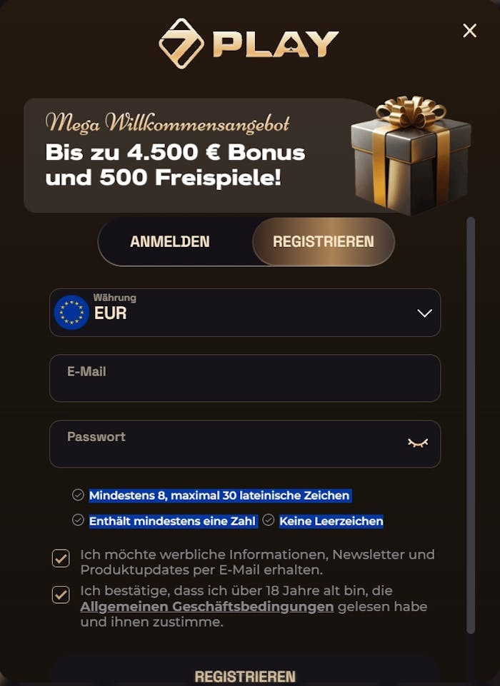 Sevenplay Casino Screenshot mit der Anmeldemaske, in welche die Daten zum Anmelden eingegeben werden.