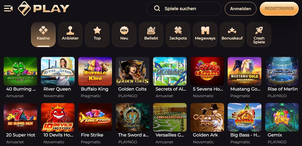 Screenshot vom Sevenplay Casino mit der Spieleauswahl, darunter Slots wie Buffaloking und 20 Super Hot.
