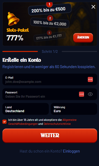 Anmeldeformular im Dracula Casino