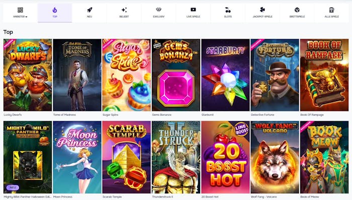 Spiellobby im SG Casino zeigt top Spiele wie Moon Princess neben anderen Spielkategorien