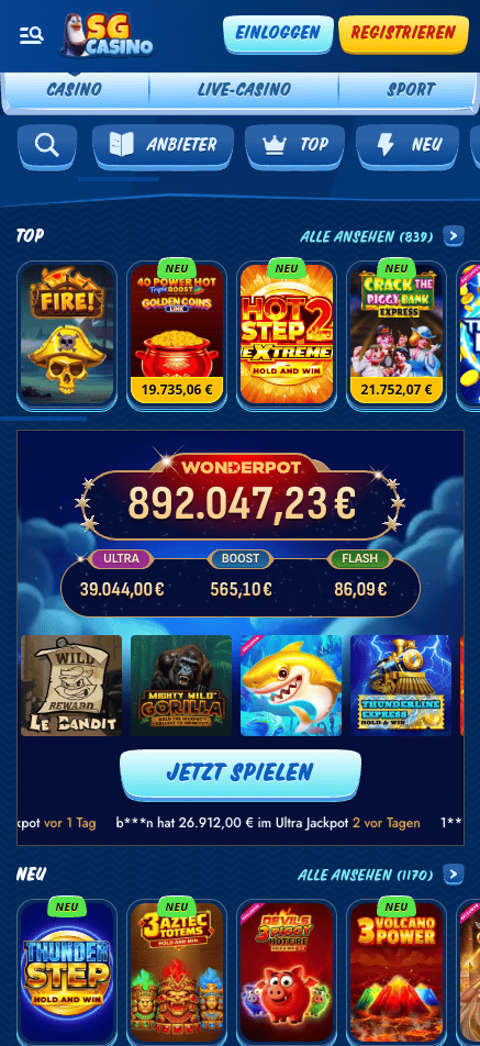 Spiellobby im SG Casino zeigt Wonder Jackpot und top Spiele wie Fire