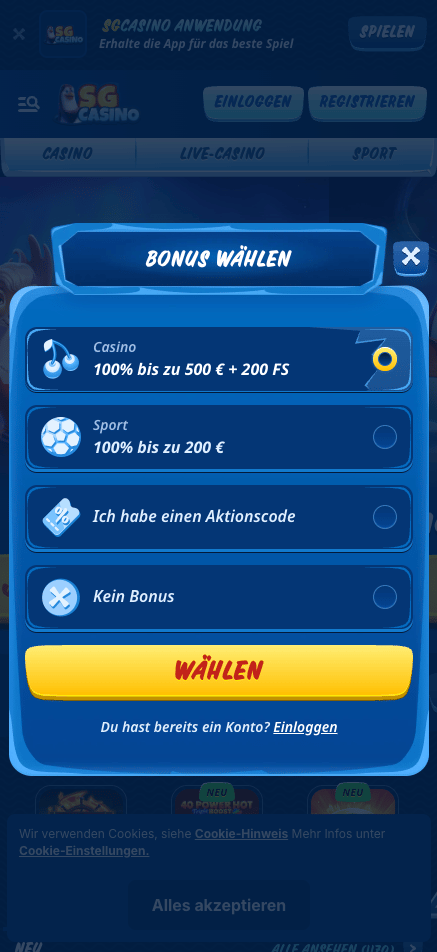 Anmeldeformular im SG Casino