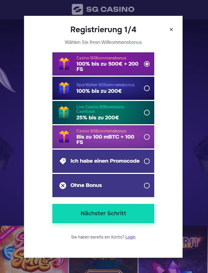 Anmeldeformular im SG Casino