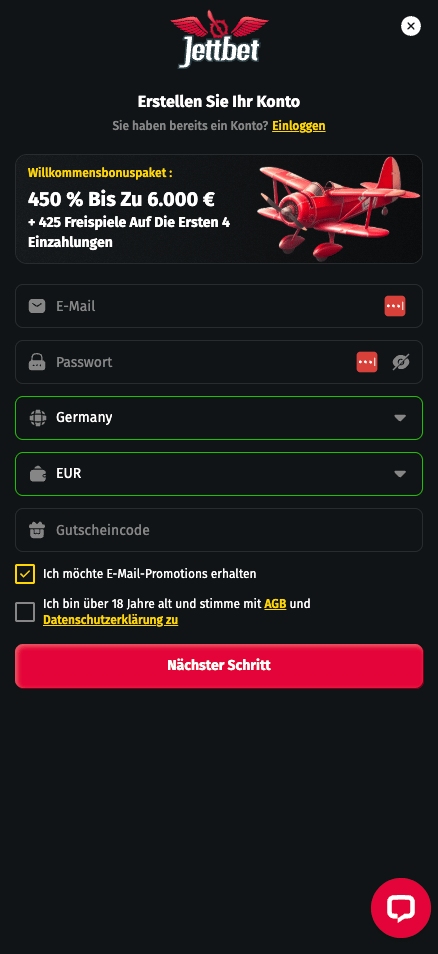 Anmeldeformular im Jettbet Casino