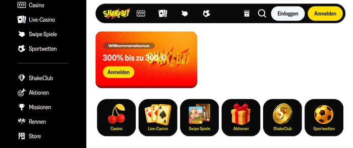 Startseite im Shakebet Casino zeigt Willkommensbonus und Spielkategorien