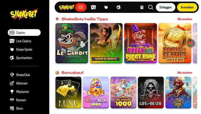 Spiellobby im Shakebet Casino zeigt Spiele wie Le Bandit neben anderen Spielkategorien