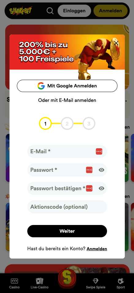 Anmeldeformular im Shakebet Casino