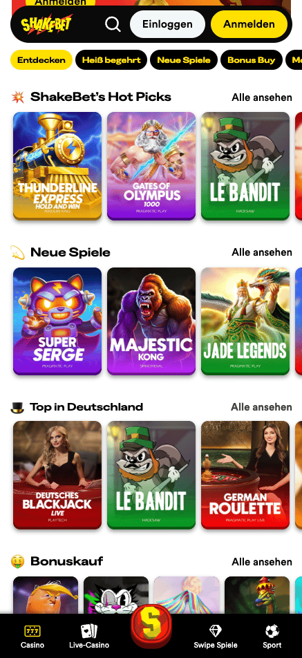 Spiellobby im Shakebet Casino zeigt Spiele wie Le Bandit neben anderen Spielkategorien