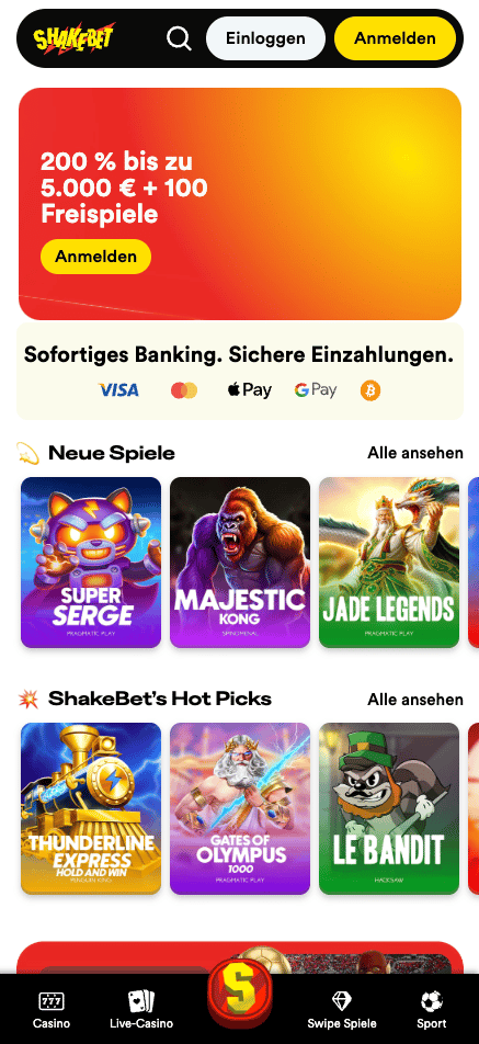 Startseite im Shakebet Casino zeigt Willkommensbonus und Spielkategorien