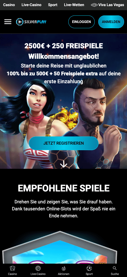 Startseite im Silverplay Casino zeigt Willkommensbonus und empfohlene Spiele