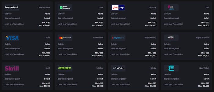 SkyCrown Casino Zahlungsoptionen