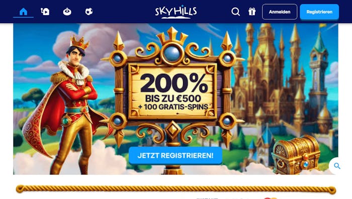 Startseite im Sky Hills Casino zeigt Willkommensbonus
