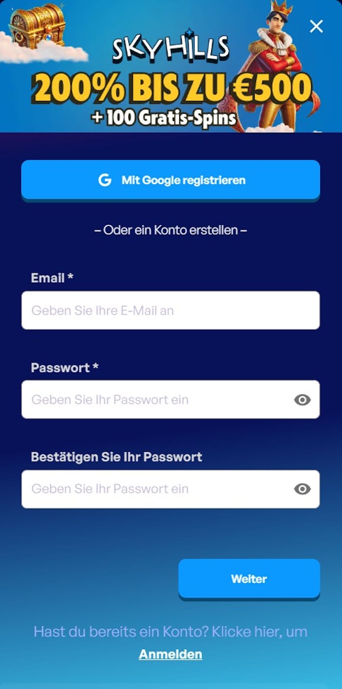 Anmeldeformular im Sky Hills Casino