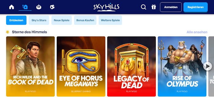 Spiellobby im Sky Hills Casino zeigt Spiele wie Book of Dead neben anderen Spielkategorien