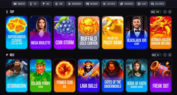 Spiellobby im Slimking Casino zeigt top Spiele wie Coin Storm neben anderen Spielkategorien