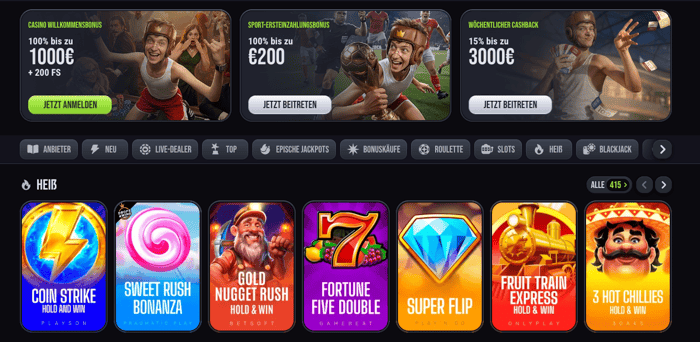 Startseite im Slimking Casino zeigt Boni und heiße Spiele