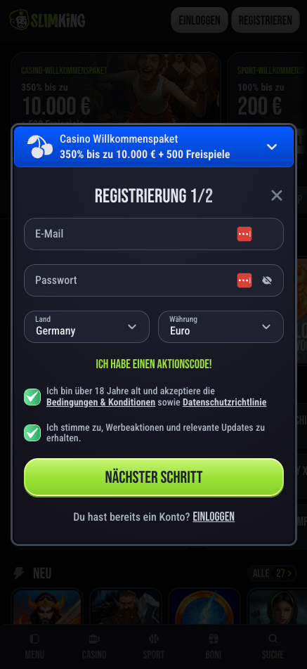 Anmeldeformular im Slimking Casino