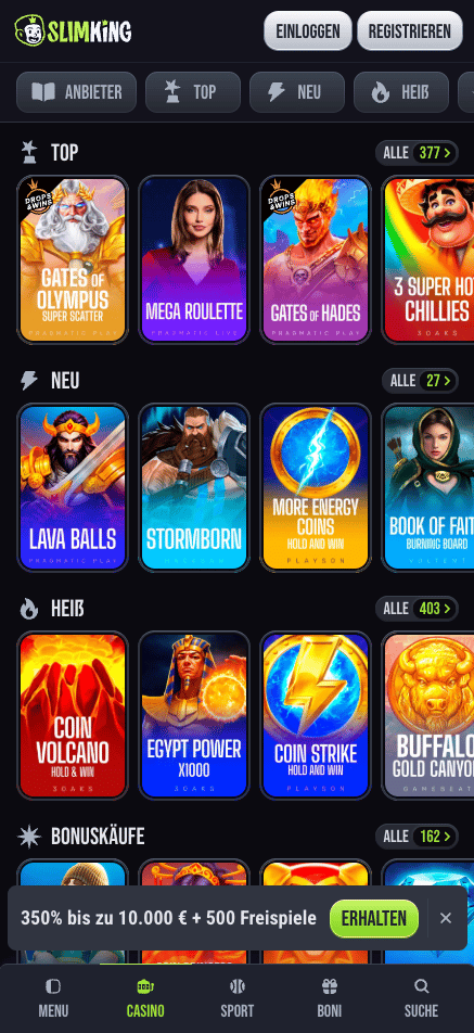 Spiellobby im Slimking Casino zeigt top Spiele wie Mega Roulette neben anderen Spielkategorien