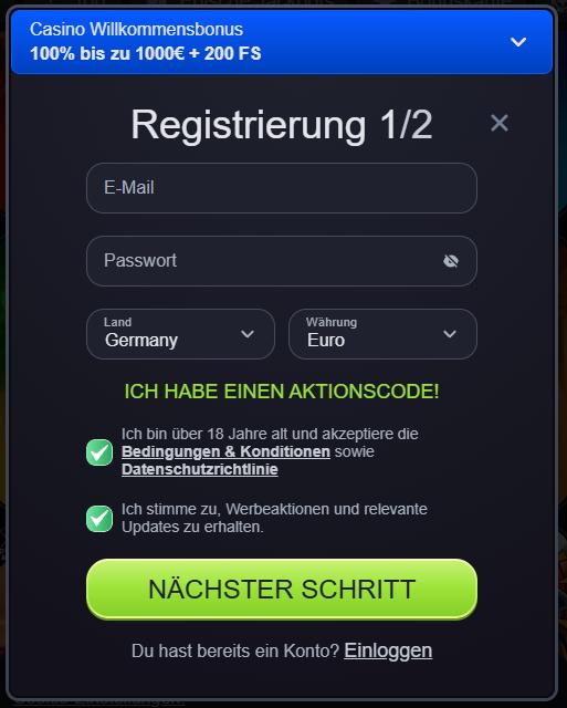Anmeldeformular im Slimking Casino