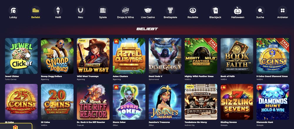 Spiellobby im Slota Casino zeigt beliebte Spiele wie Sizzling Sevens neben anderen Spielkategorien