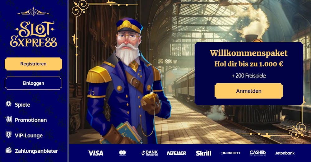 Slot Express Casino Startseite im blauen Design mit dem Willkommenspaket und einem Bahnhof Design.
