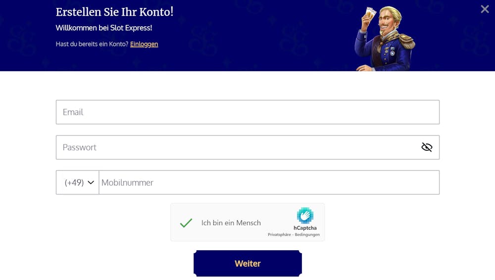Screenshot vom Slot Express Casino mit der Anmeldemaske zum Eigeben der Email, des Passworts und der Mobilnummer.