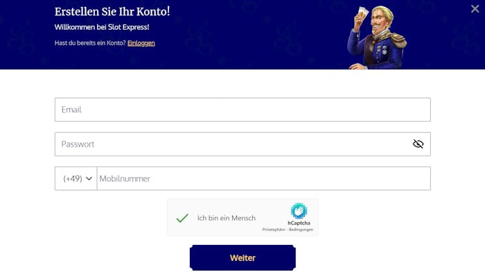 Screenshot vom Slot Express Casino mit der Anmeldemaske zum Eigeben der Email, des Passworts und der Mobilnummer.
