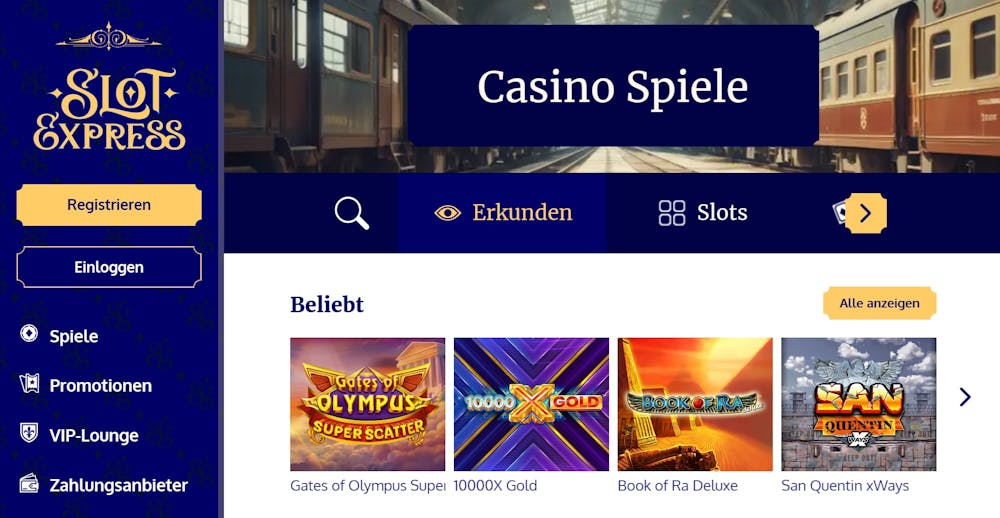 Slot Express Casino Screenshot mit der Casino Spieleauswahl wie dem Slot Gates of Olympus.
