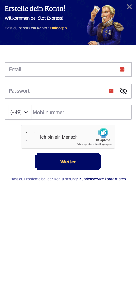 Screenshot vom Slot Express Casino mit der Anmeldemaske zum Eigeben der Email, des Passworts und der Mobilnummer.