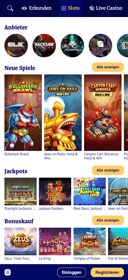 Slot Express Casino Screenshot mit der Casino Spieleauswahl wie dem Slot Le King