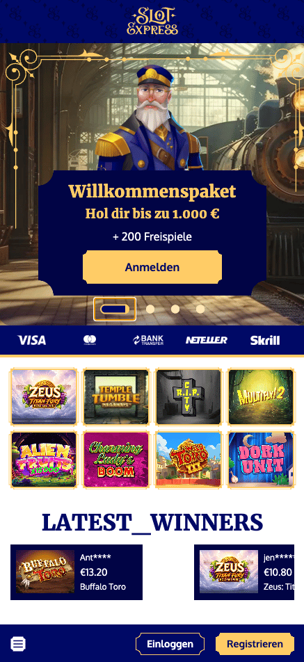 Slot Express Casino Startseite im blauen Design mit dem Willkommenspaket und aktuellen Gewinnern