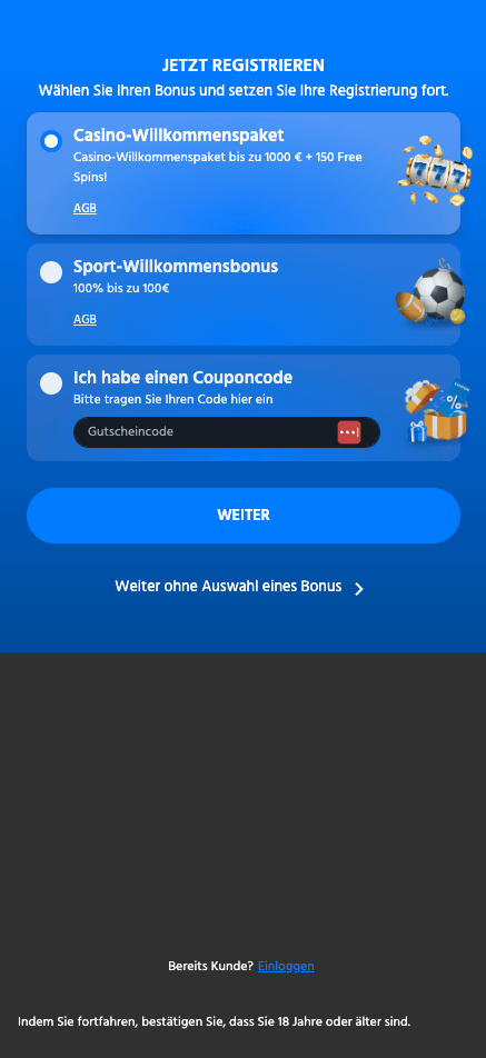 Slotimo Casino Screenshot mit der Anmeldeseite