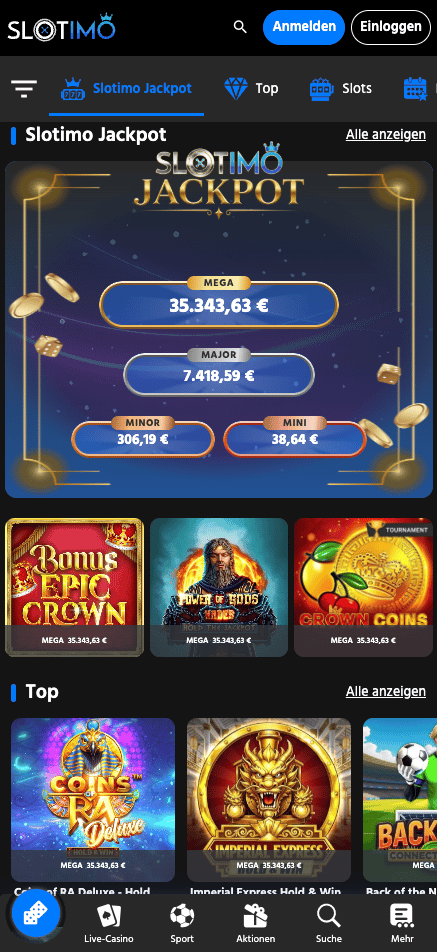 Slotimo Casino Screenshot mit der Spieleseite und der Auswahl der Slots.